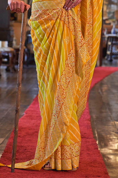 Yellow Orange Leheriya Style Soft Georgette Saree with Heavy Embroidered Border