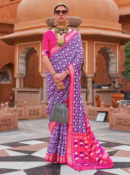 Purple with Pink Soft Floral Printed Saree with Ekat Border and Pallu