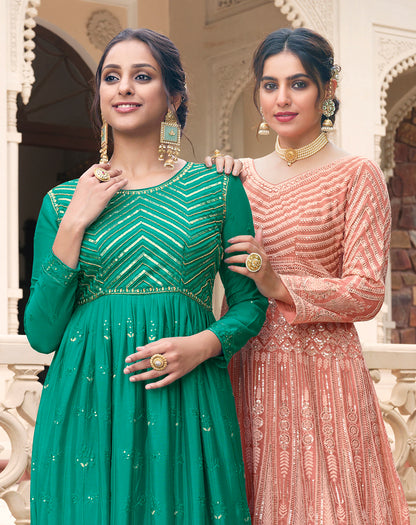 Dark Sea Green Thread Embroidered Soft Silk Salwar Suit with Dupatta