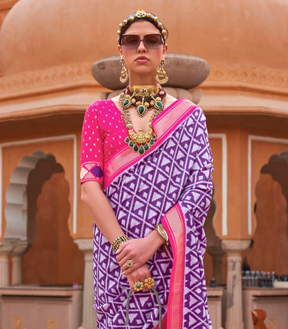 Purple with Pink Soft Floral Printed Saree with Ekat Border and Pallu