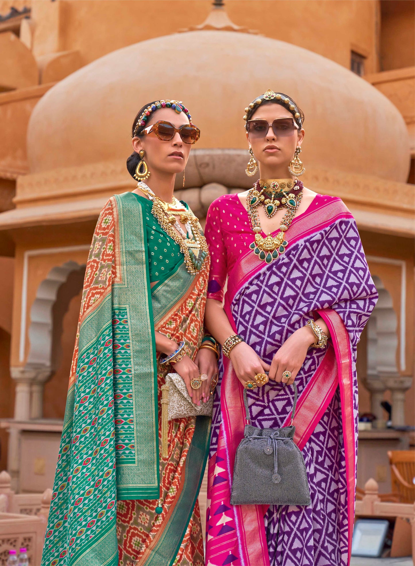 Orange with Green Soft Floral Printed Saree with Ekat Border and Pallu