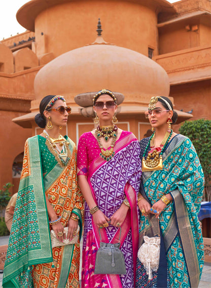 Orange with Green Soft Floral Printed Saree with Ekat Border and Pallu