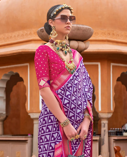 Purple with Pink Soft Floral Printed Saree with Ekat Border and Pallu