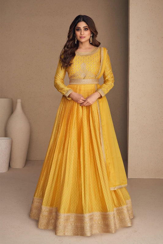 Golden Yellow  Soft Silk Floor Length Anarkali Suit with Dupatta