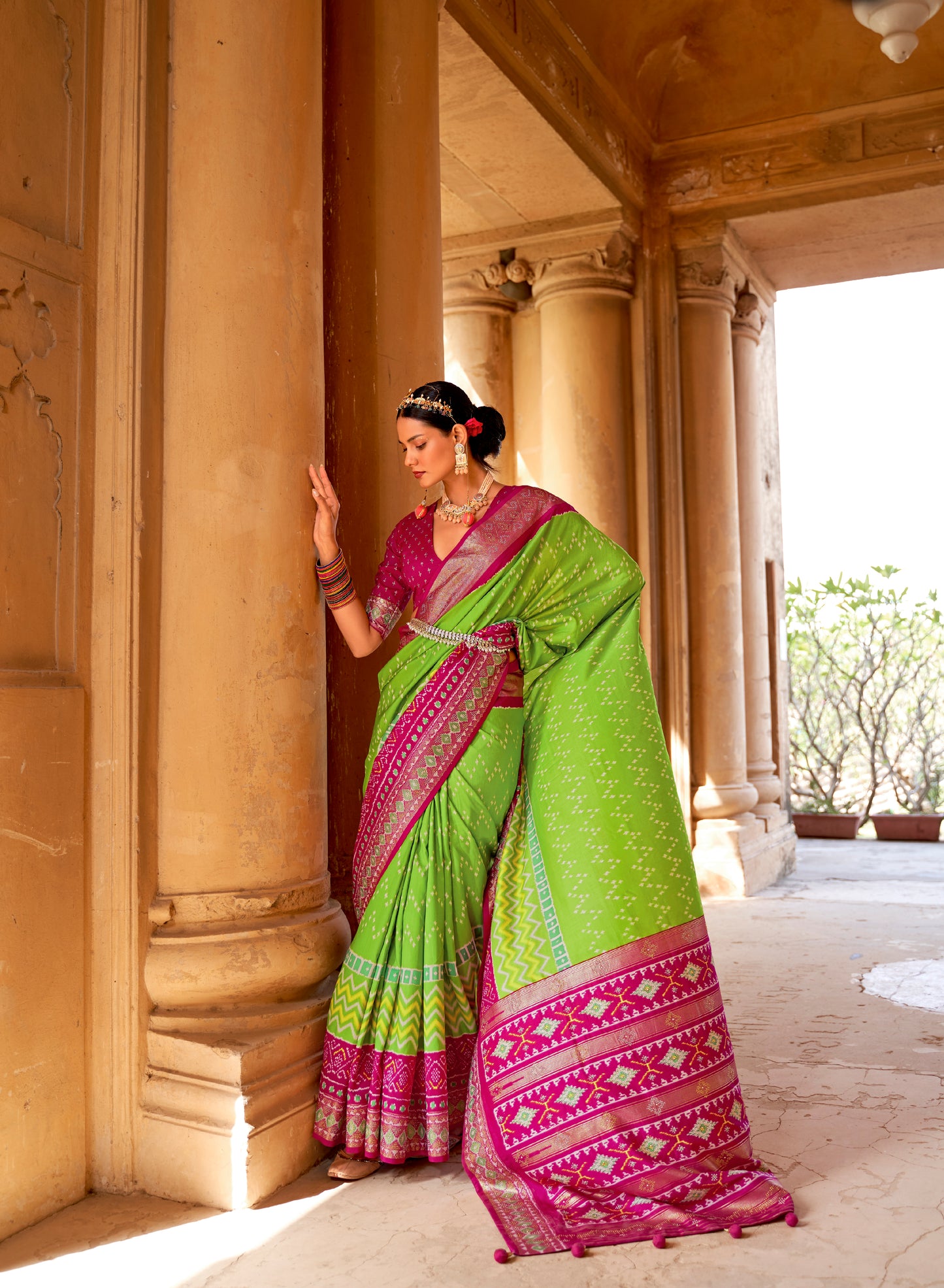 Light Green with Pink Navratna Patola Style Saree with Tessles