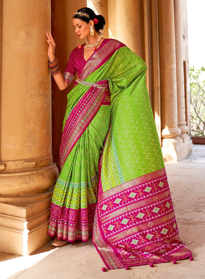 Light Green with Pink Navratna Patola Style Saree with Tessles