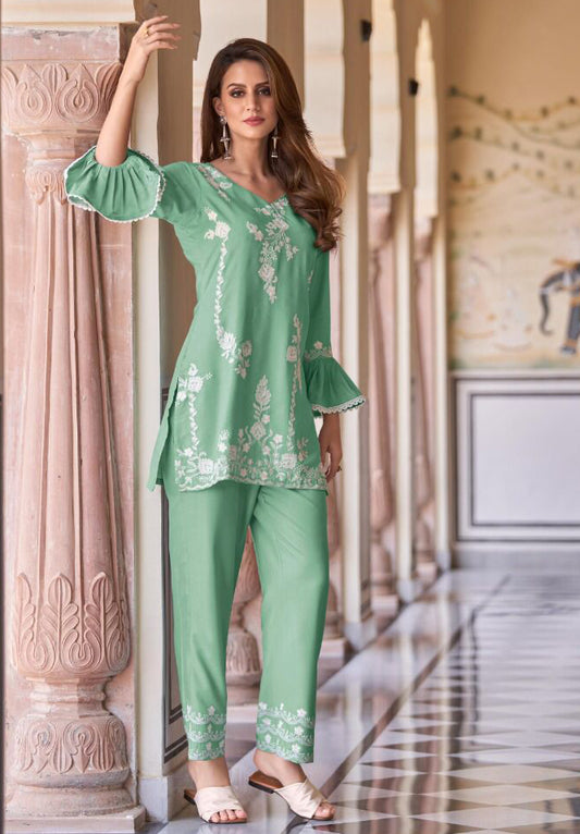 Light Teal Chikankari Stylish Pant Suit in Rayon Cotton