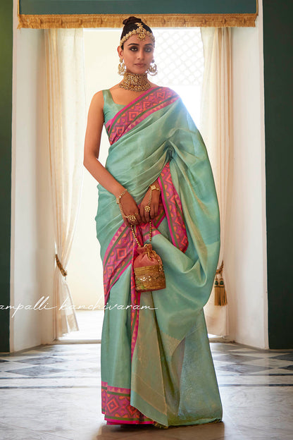 Mint Green Soft Kanjivaram Style Saree with Ekat Woven Border