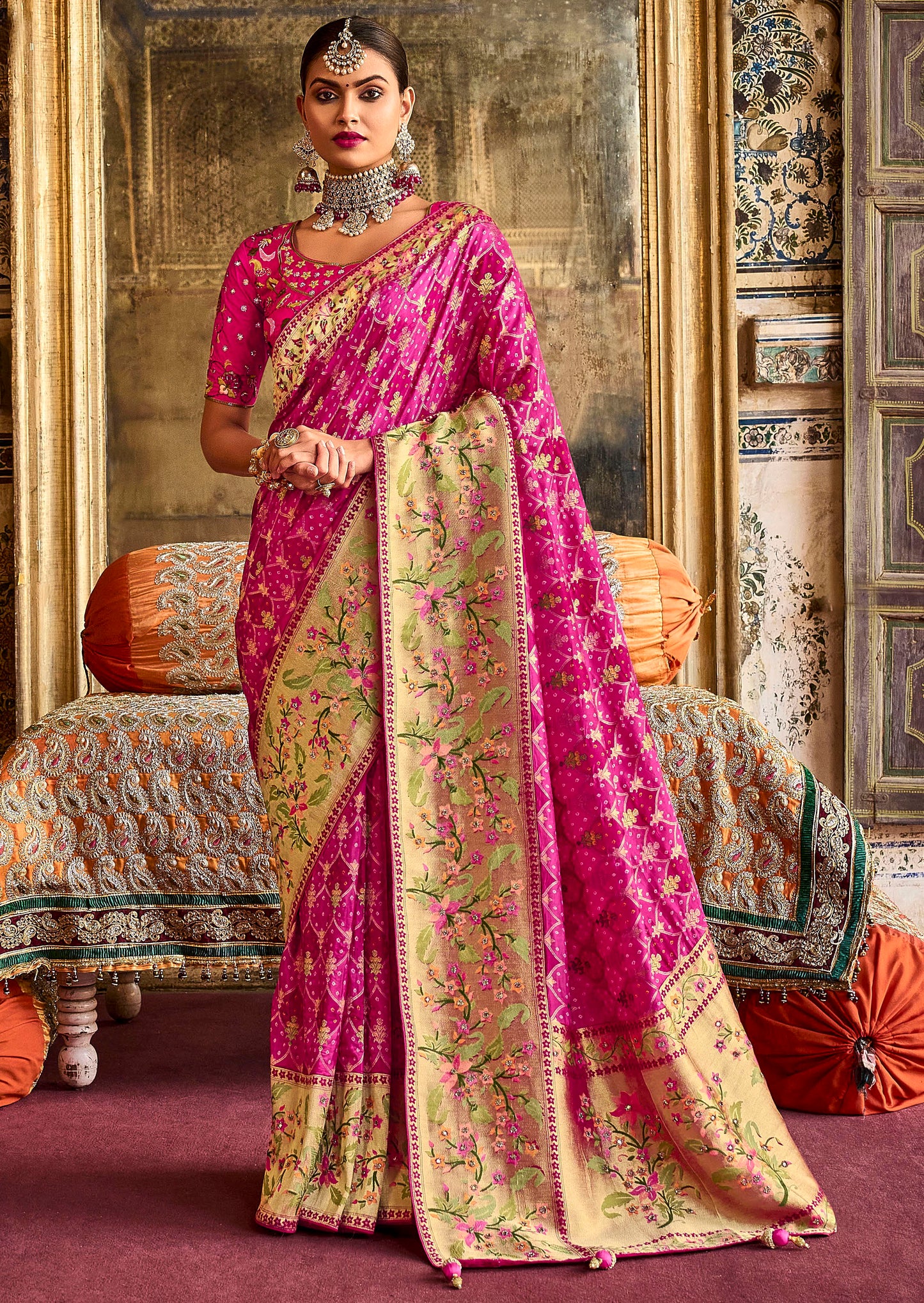 Shades of Pink Designer Bandhani Saree with Skirt Bordered Woven Paithani Design on Border