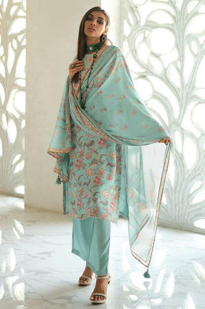 Sage Blue Floral Printed Pure Muslin Salwar Suit For Woman