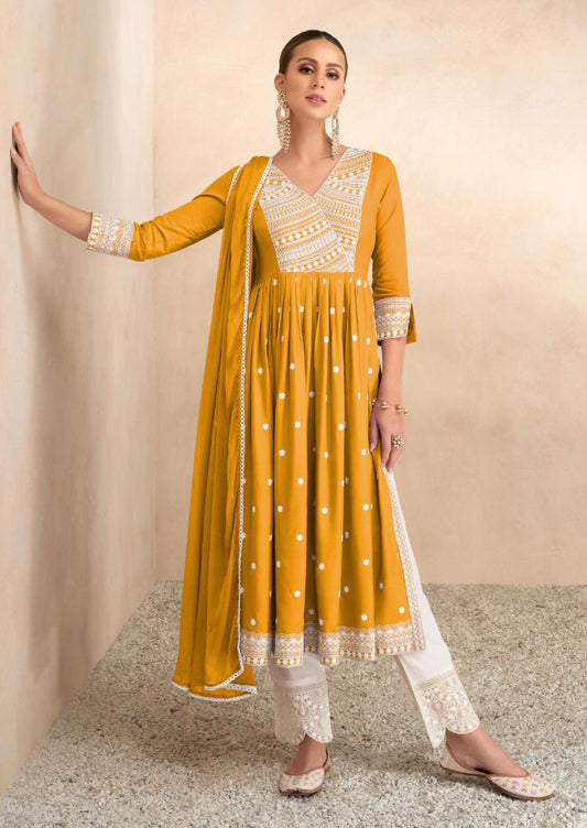 Dandelian Yellow Chikankari Inspired Suit with White Pants and Dupatta