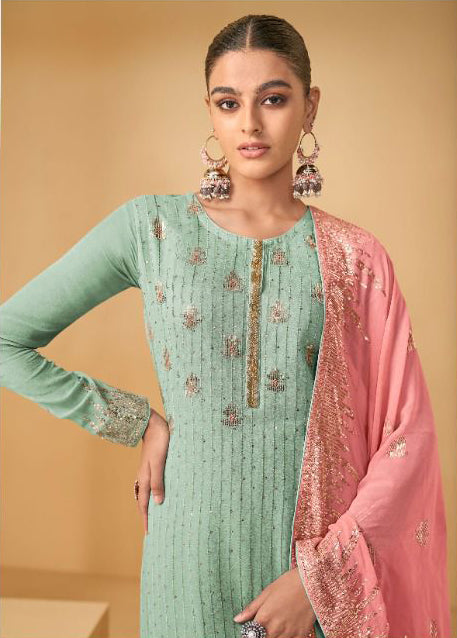 Pastel Green Soft Georgette Sharara Suit Set with Contrast Dupatta