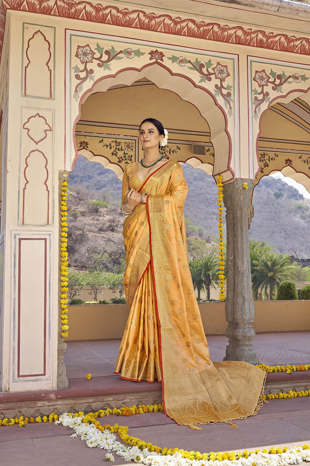 Honey Yellow Designer Tussar Silk Saree Blouse for Indian Wedding Reception