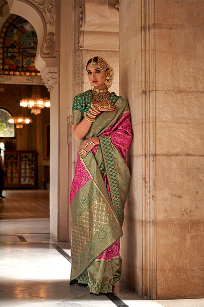 Queen Pink & Green Designer Kanjeevaram Style Trendy Bollywood Saree with Beautiful Blouse