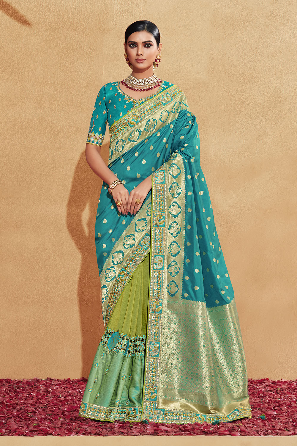 Light Blue with Green Stunning Designer Bridal Dola Silk Saree with Heavy Embroidered Blouse