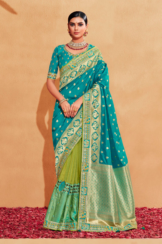 Light Blue with Green Stunning Designer Bridal Dola Silk Saree with Heavy Embroidered Blouse