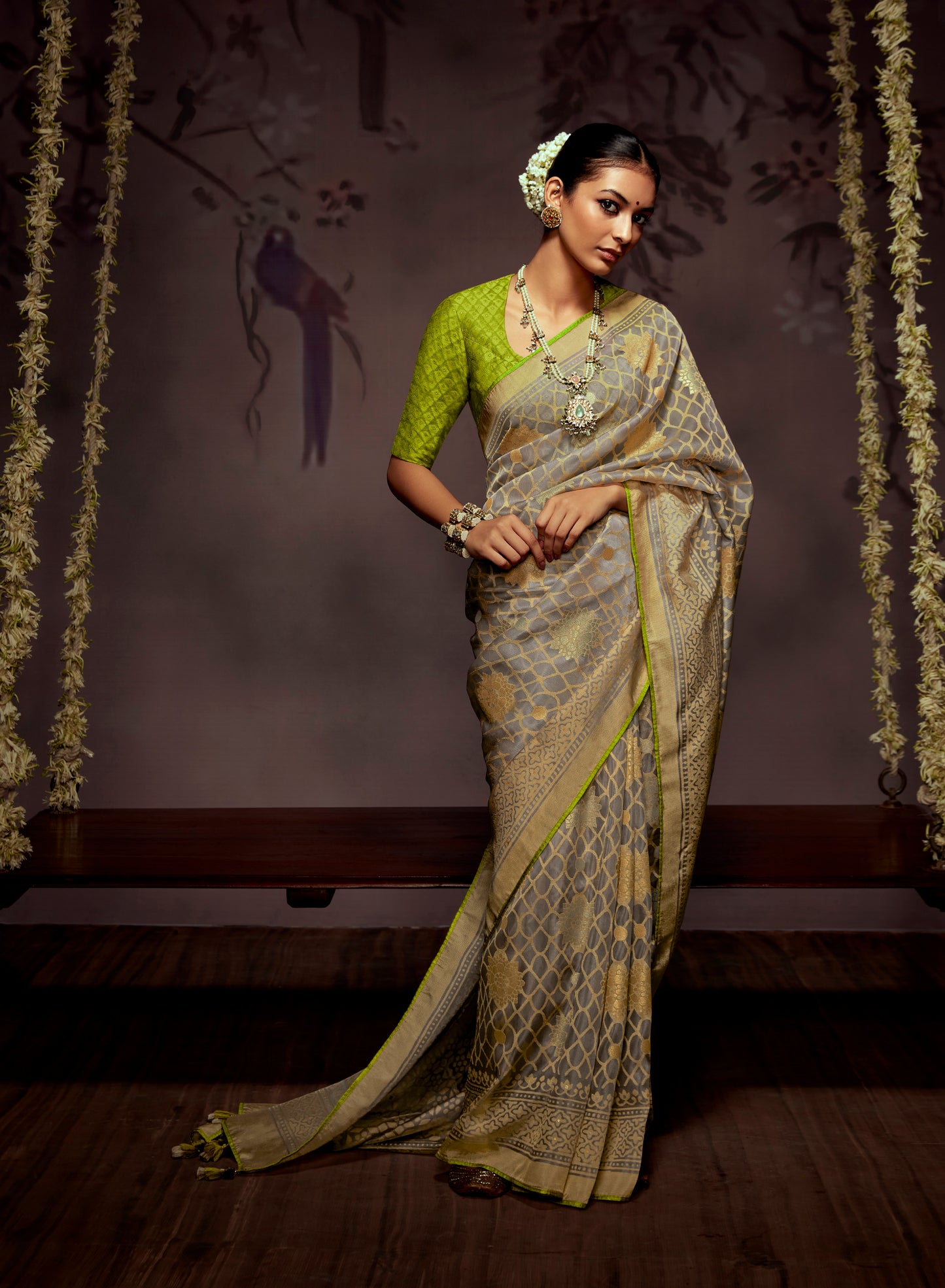 Silver Grey  Checks Designer Soft Organza Saree with Zari Border