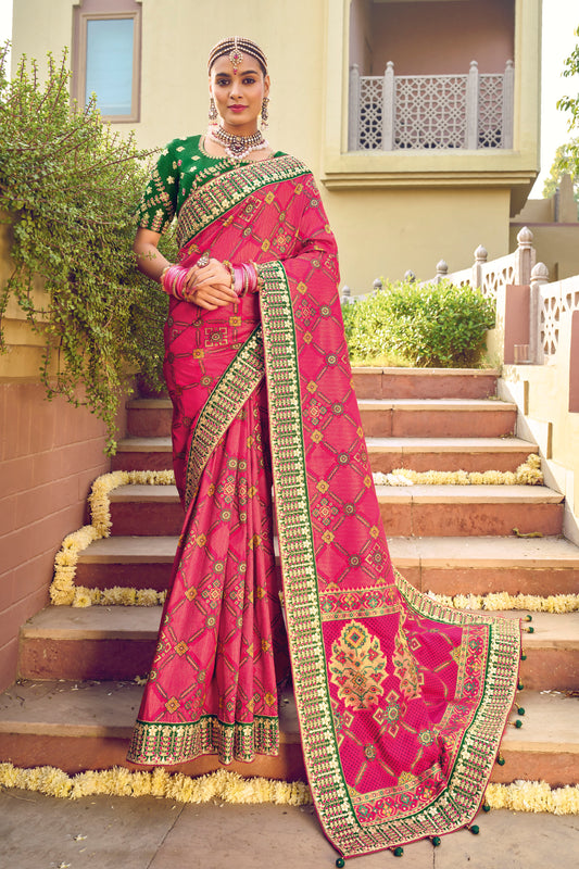 Soft Pink Patola Style Designer Dola Silk Saree with Green Blouse