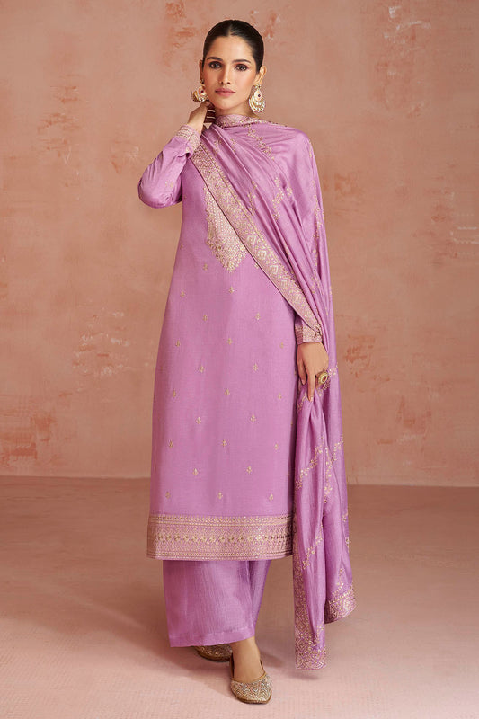 Lavender Pink Soft Silk Embroidered Salwar Suit with Heavy Dupatta