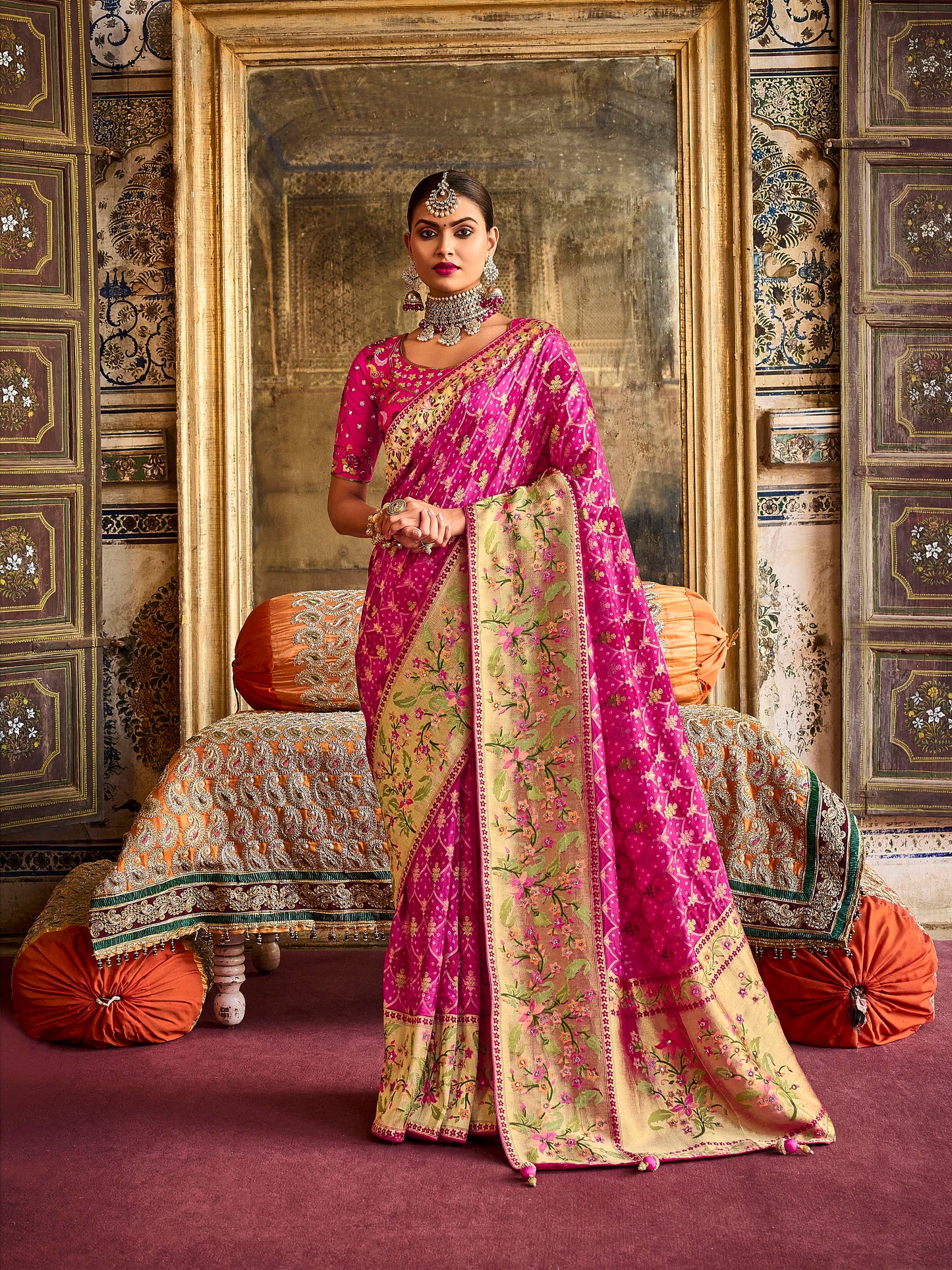 Shades of Pink Designer Bandhani Saree with Skirt Bordered Woven Paithani Design on Border