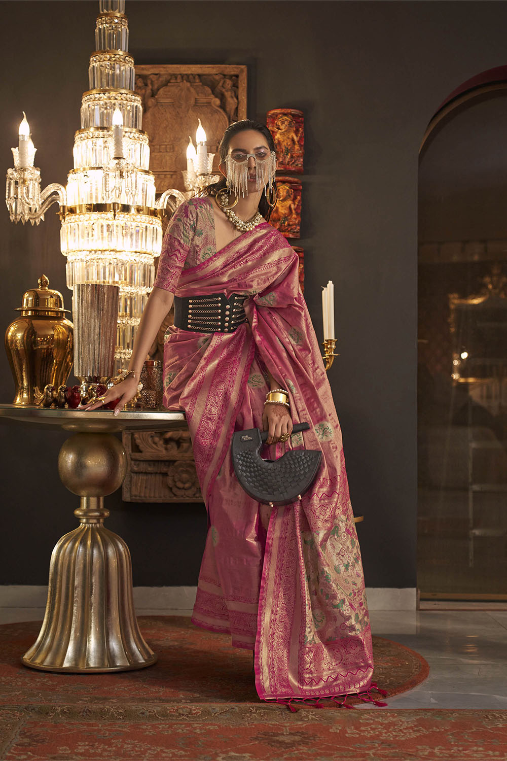 Rose Pink Soft Banarasi Silk with Menakari Butti and Khimkhab Style Blouse