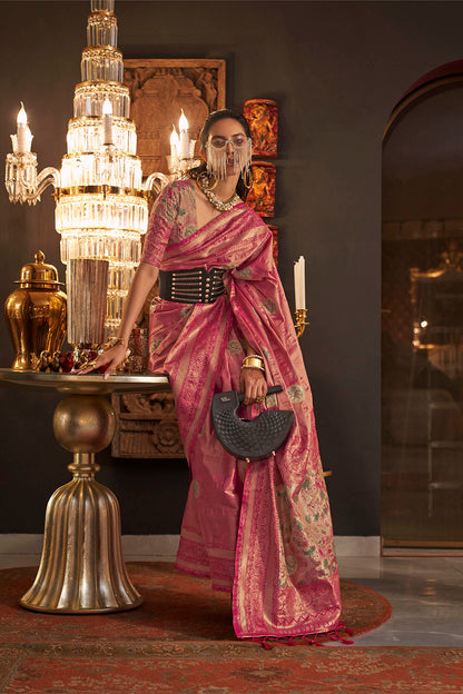 Rose Pink Soft Banarasi Silk with Menakari Butti and Khimkhab Style Blouse