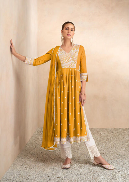 Dandelian Yellow Chikankari Inspired Suit with White Pants and Dupatta