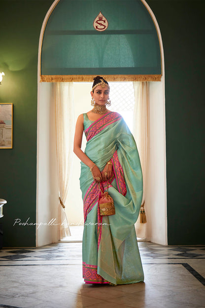 Mint Green Soft Kanjivaram Style Saree with Ekat Woven Border