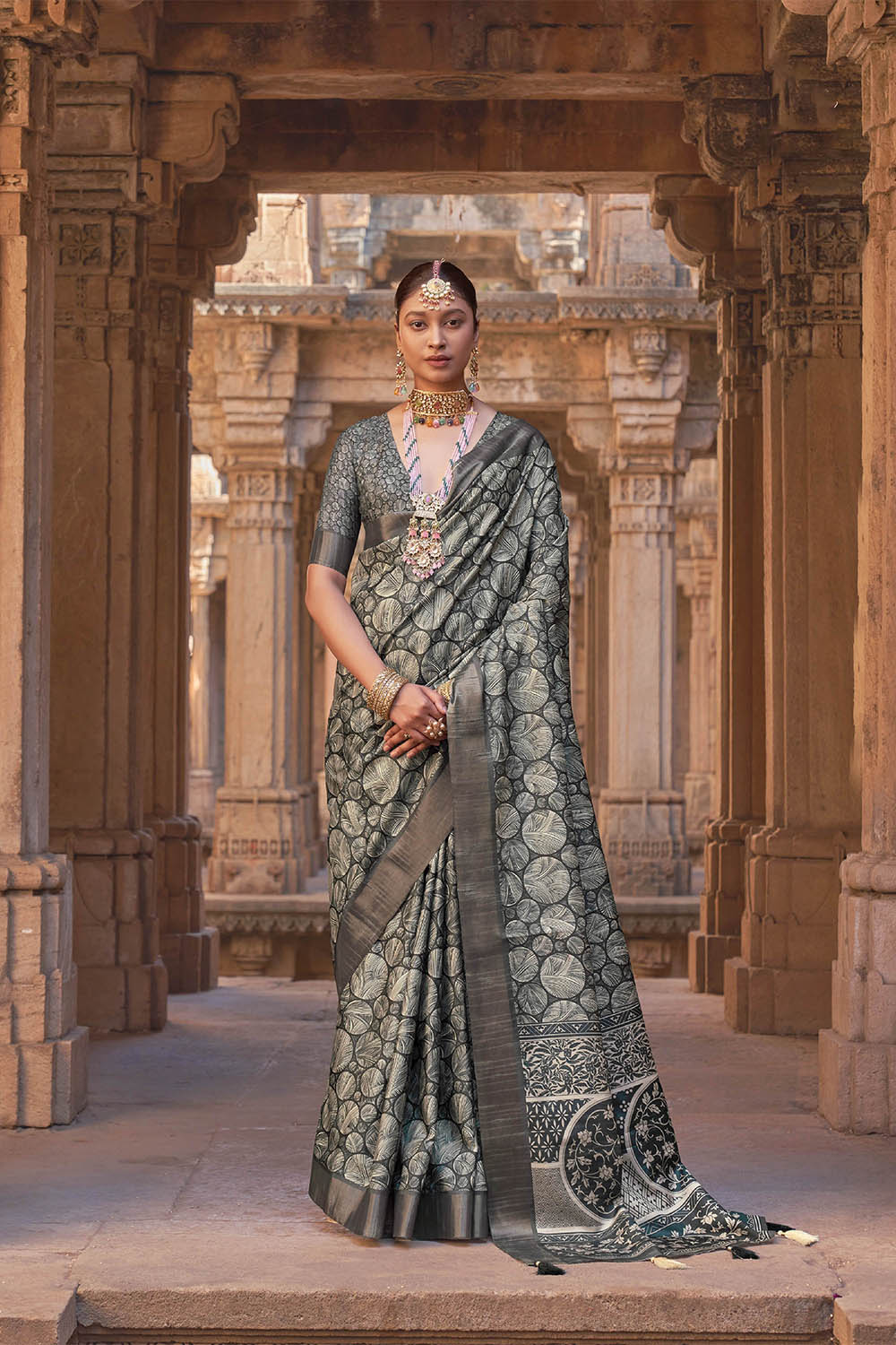 Vintage Grey  Soft Tussar Silk Floral Kalamkari Saree