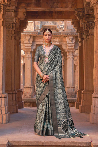 Vintage Grey  Soft Tussar Silk Floral Kalamkari Saree