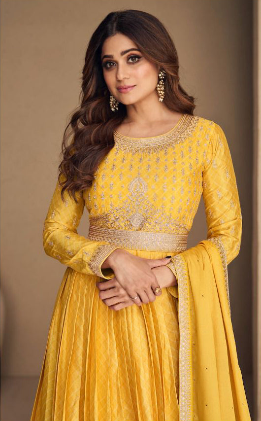 Golden Yellow  Soft Silk Floor Length Anarkali Suit with Dupatta