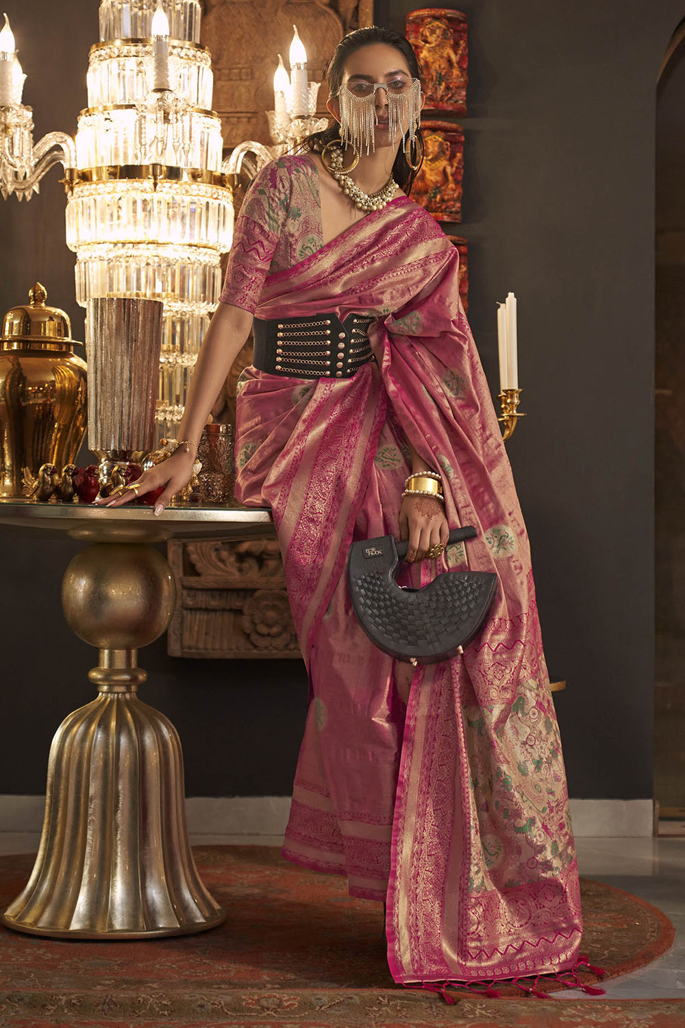 Rose Pink Soft Banarasi Silk with Menakari Butti and Khimkhab Style Blouse