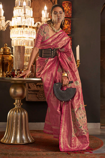 Rose Pink Soft Banarasi Silk with Menakari Butti and Khimkhab Style Blouse