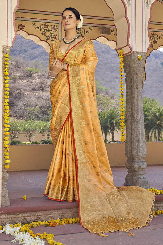 Honey Yellow Designer Tussar Silk Saree Blouse for Indian Wedding Reception