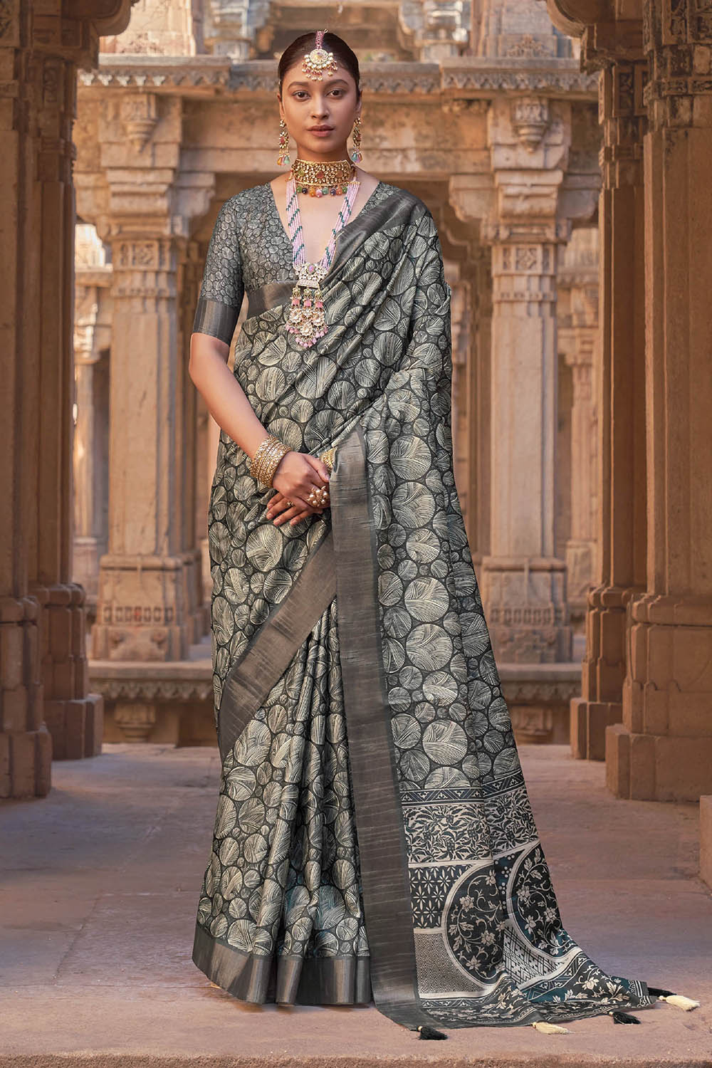 Vintage Grey  Soft Tussar Silk Floral Kalamkari Saree