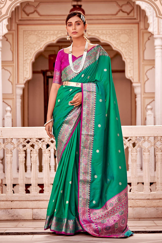 Emerald Green  Soft Silk Paithani Saree with Contrast Banarasi Blouse