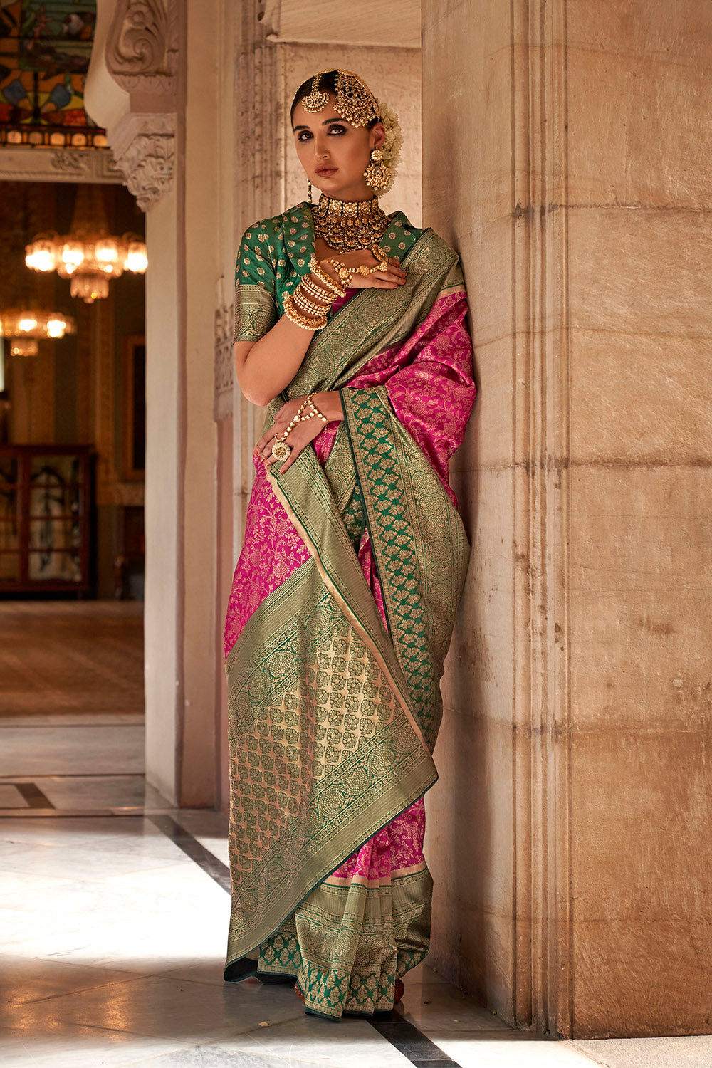 Queen Pink & Green Designer Kanjeevaram Style Trendy Bollywood Saree with Beautiful Blouse