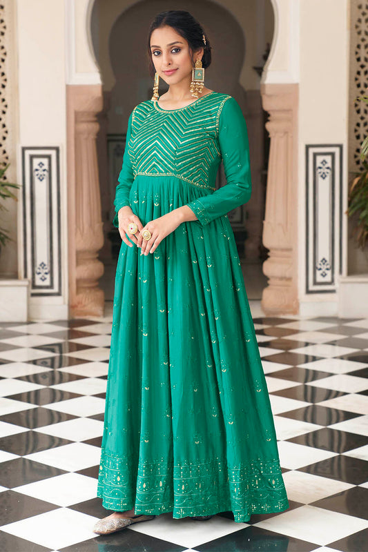 Dark Sea Green Thread Embroidered Soft Silk Salwar Suit with Dupatta