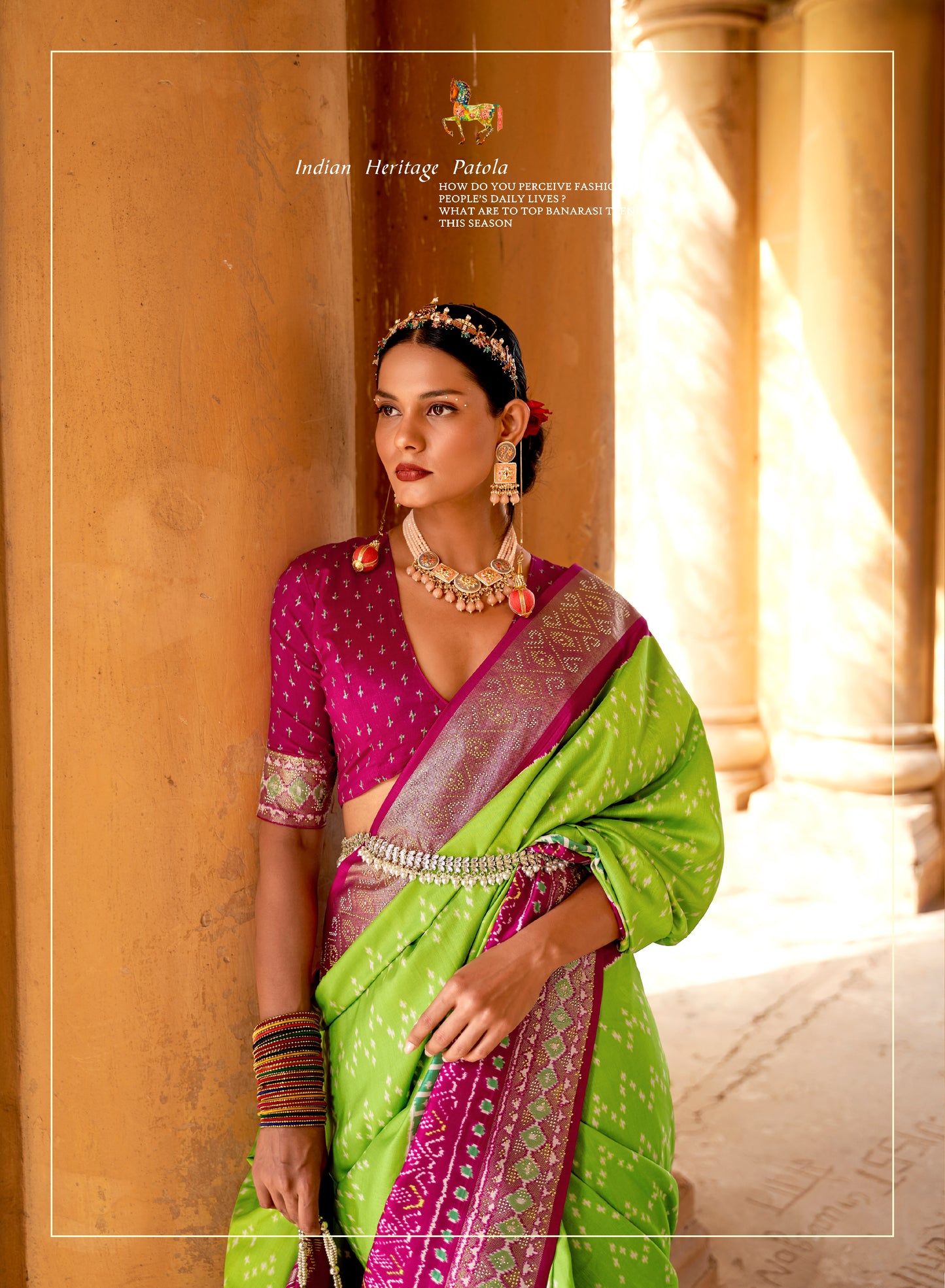 Light Green with Pink Navratna Patola Style Saree with Tessles