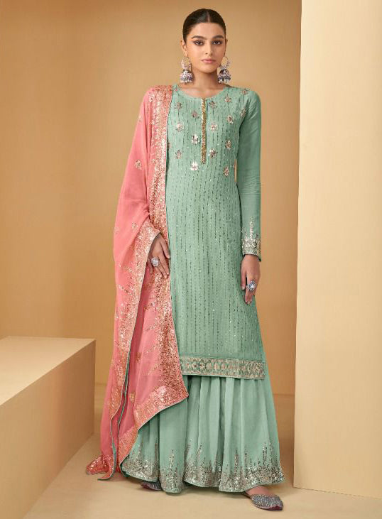 Pastel Green Soft Georgette Sharara Suit Set with Contrast Dupatta