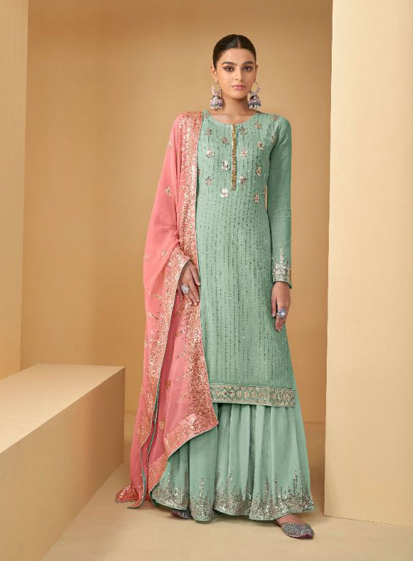 Pastel Green Soft Georgette Sharara Suit Set with Contrast Dupatta