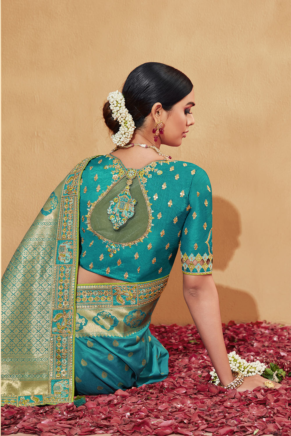 Light Blue with Green Stunning Designer Bridal Dola Silk Saree with Heavy Embroidered Blouse