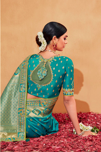 Light Blue with Green Stunning Designer Bridal Dola Silk Saree with Heavy Embroidered Blouse