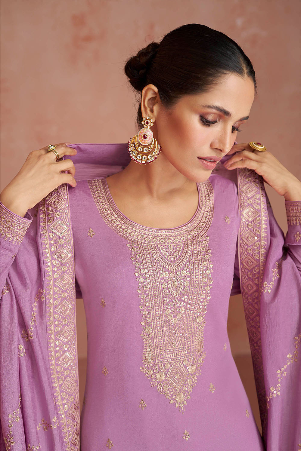 Lavender Pink Soft Silk Embroidered Salwar Suit with Heavy Dupatta