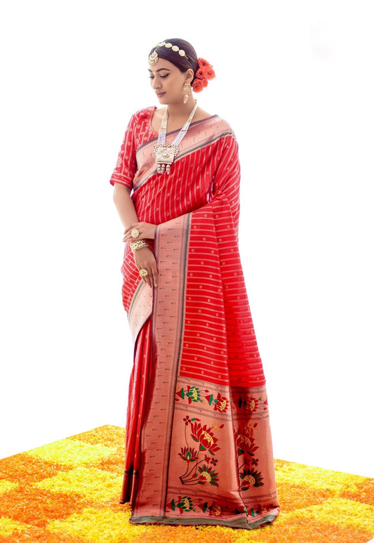 Bella Red Soft Silk Paithani Saree with Grand Paithani Pallu and Border