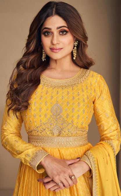 Golden Yellow  Soft Silk Floor Length Anarkali Suit with Dupatta