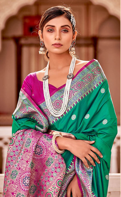 Emerald Green  Soft Silk Paithani Saree with Contrast Banarasi Blouse