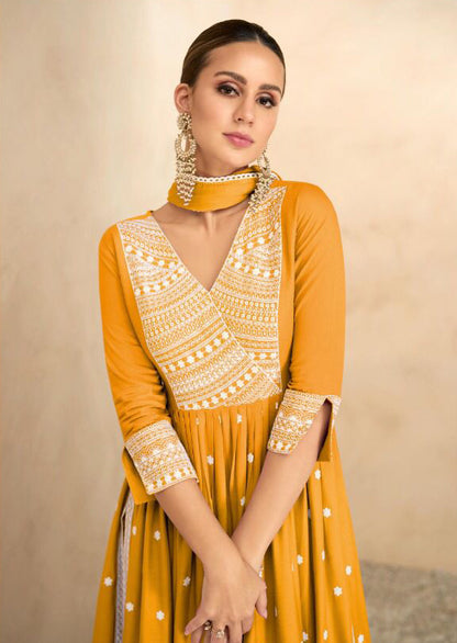 Dandelian Yellow Chikankari Inspired Suit with White Pants and Dupatta