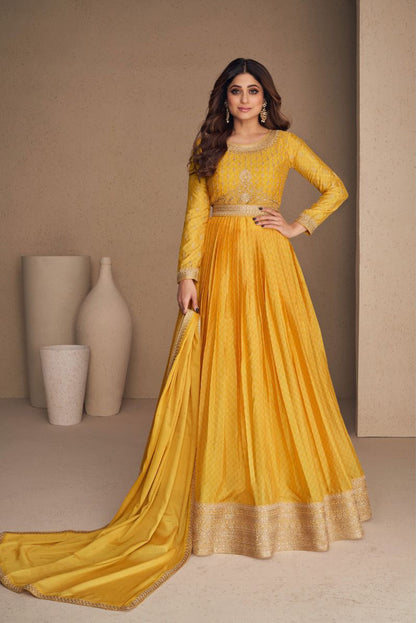 Golden Yellow  Soft Silk Floor Length Anarkali Suit with Dupatta