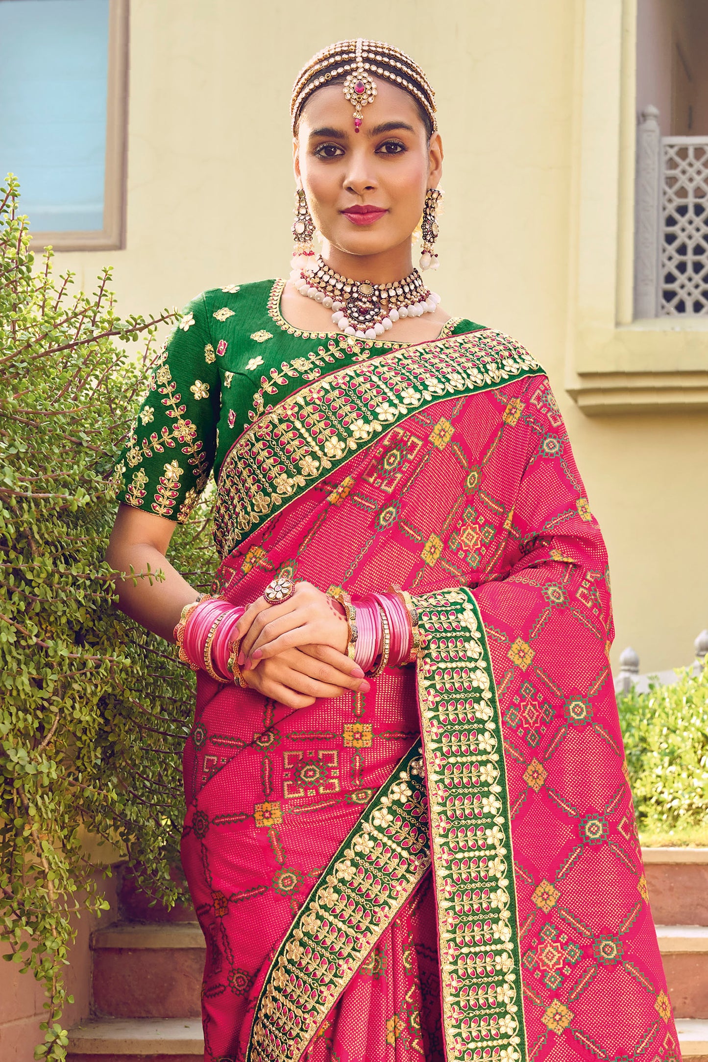 Soft Pink Patola Style Designer Dola Silk Saree with Green Blouse